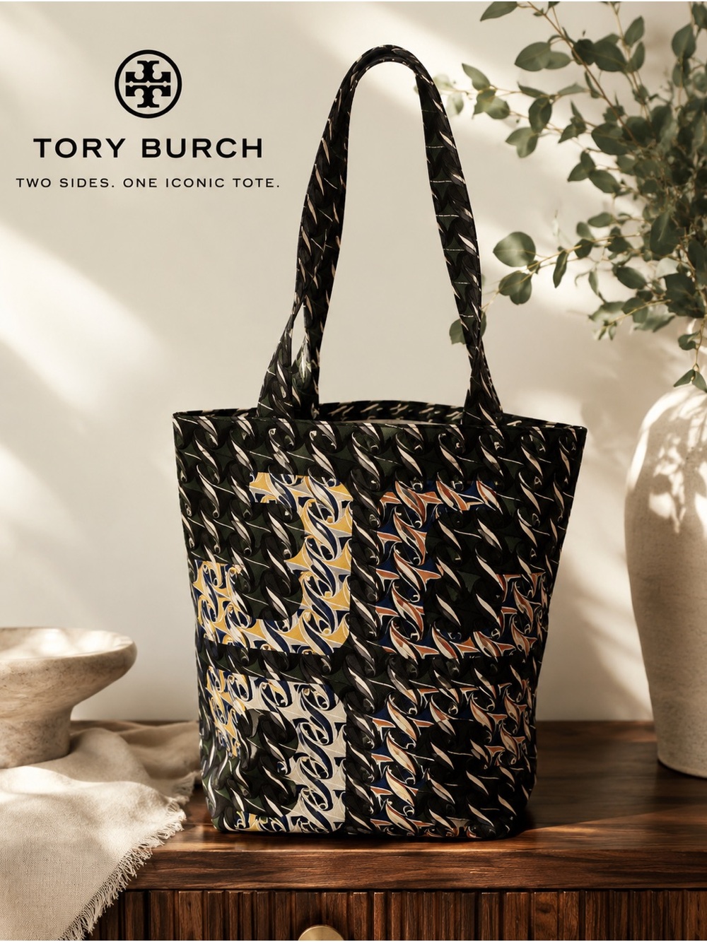Tory Burch Black Patterned Tote with Multicolor Graphic Accents & Swan Print